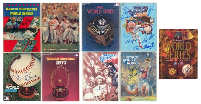 Lot of (9) Multi Signed World Series Programs (1970-93) Including a 60 Signature 1985 Program with Stan Musial, Ozzie Smith, and George Brett (Beckett PreCert)